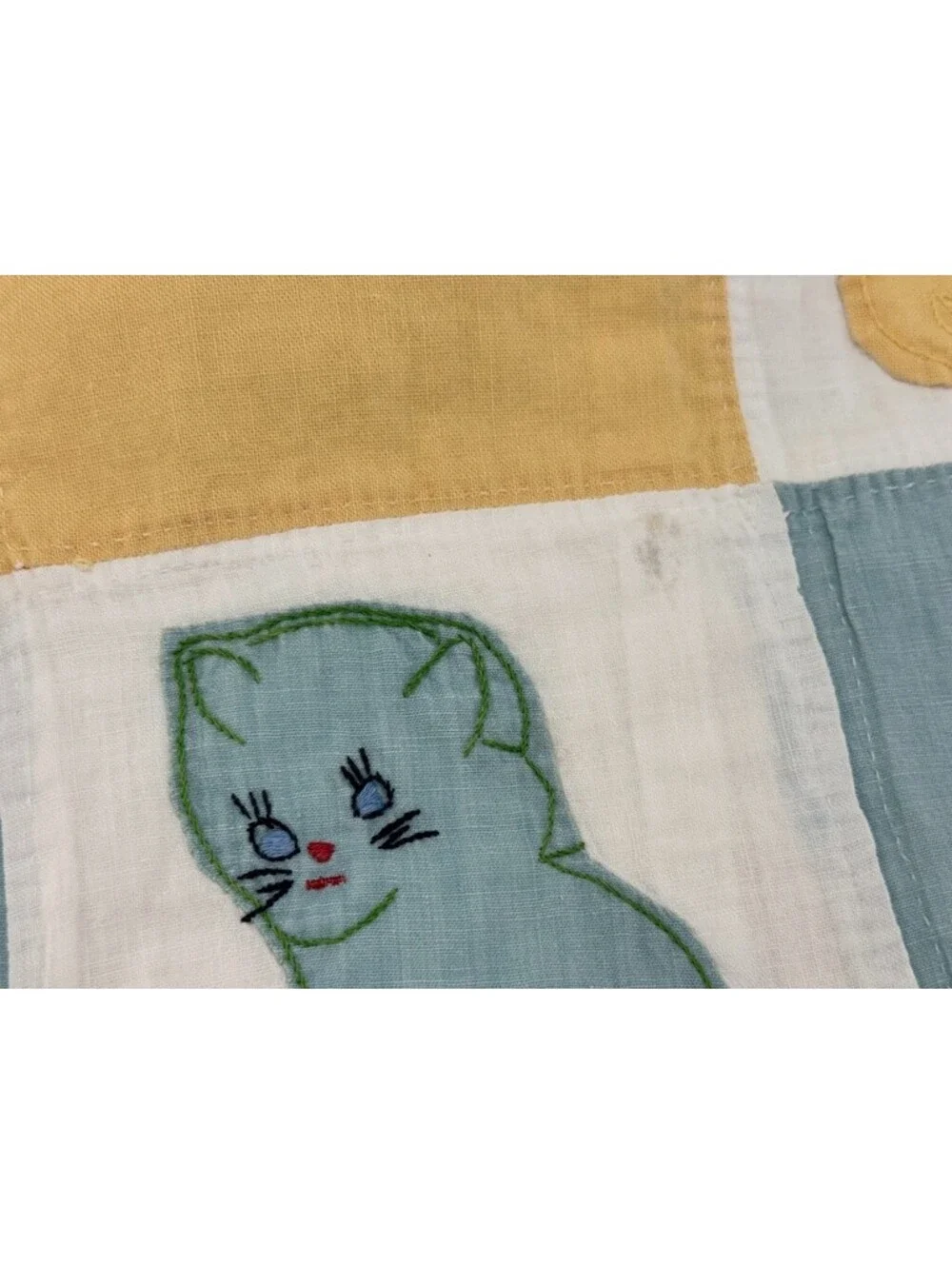 Vintage Nursery Quilt Checkerboard Animal Appliques Pastel Palette Aqua Blue Lar